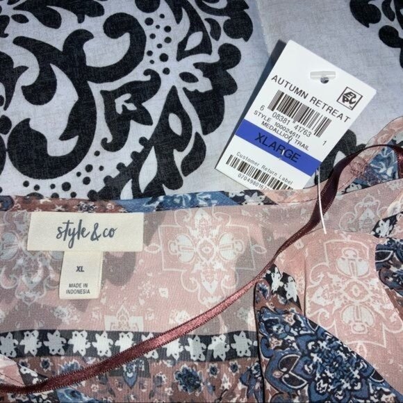 Style & Co Womens XL Sheer Pink & Blue Boho Printed Kimono Sleeve Blouse - Picture 4 of 4